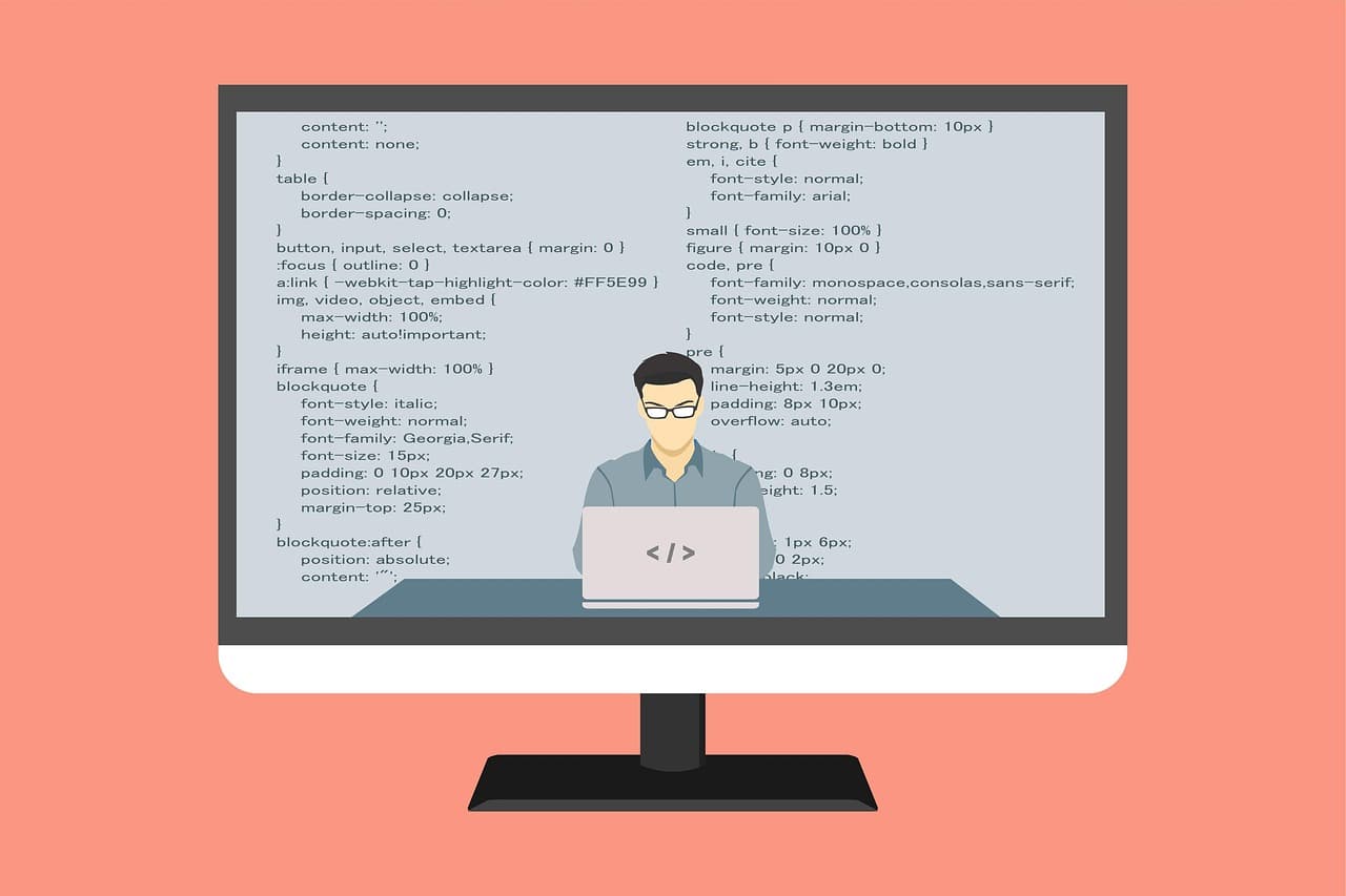 Illustration einer entwickelnden Person, die an einem Laptop arbeitet, umgeben von Codezeilen